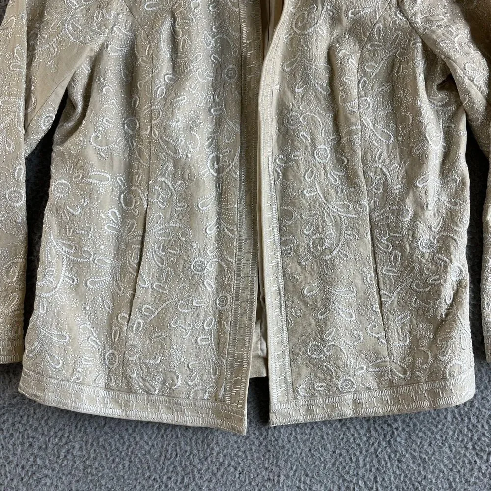 NEW Victor Costa Jacket Womens Medium Beige Blazer Linen Embroidered Floral Open